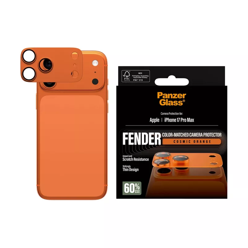 Kameras aizsargs PanzerGlass Fender iPhone 17 Pro Max, silikons, Cosmic oranža, izturīgs pret skrāpējumiem un triecieniem