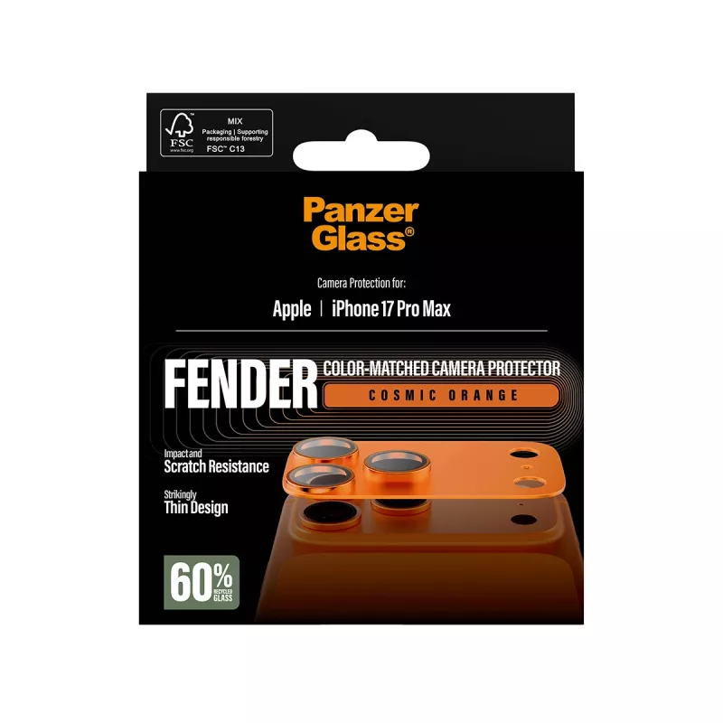 Kameras aizsargs PanzerGlass Fender iPhone 17 Pro Max, silikons, Cosmic oranža, izturīgs pret skrāpējumiem un triecieniem