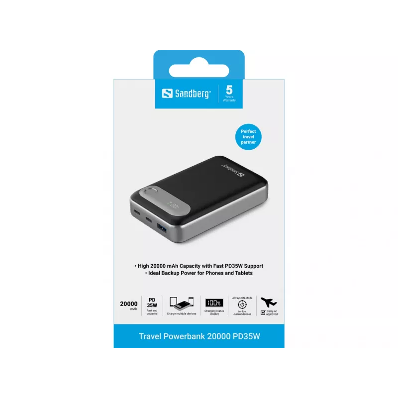 Sandberg Travel Powerbank 20000 PD35W, 20000 mAh, litija polimērs (LiPo), 3.7 V, melns, sudraba