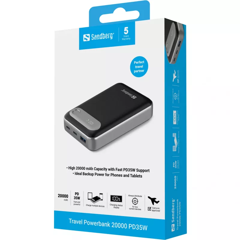Sandberg Travel Powerbank 20000 PD35W, 20000 mAh, litija polimērs (LiPo), 3.7 V, melns, sudraba