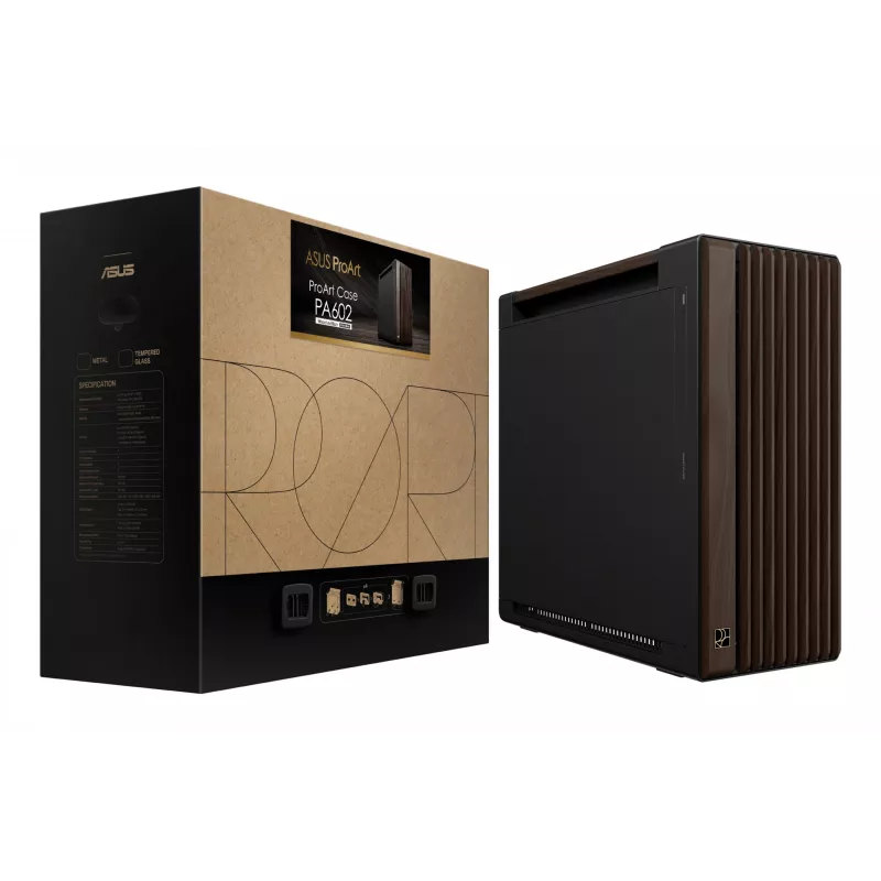 PC Case ASUS ProArt PA602 Wood Edition Midi Tower — Melns & Wood, atbalsta ATX/EATX, 2x200mm priekšā, 1x140mm aizmugurē