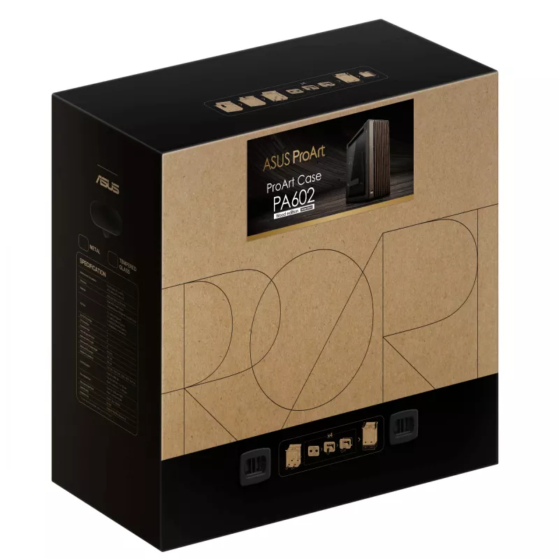 ASUS ProArt PA602 Wood Edition Modern Melns - Rūdīta stikla panelis Midi Tower Melns, Koks
