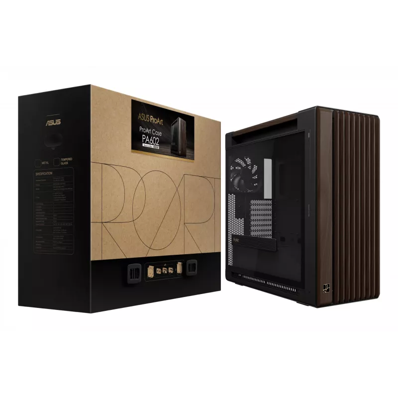 ASUS ProArt PA602 Wood Edition Modern Melns - Rūdīta stikla panelis Midi Tower Melns, Koks