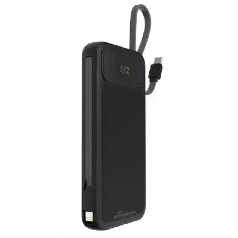 Ārējais akumulators MediaRange MRMA753 10 000 mAh LiPo ar iebūvētiem kabeļiem, LC-displejs, USB-C PD un Quick Charge, melns