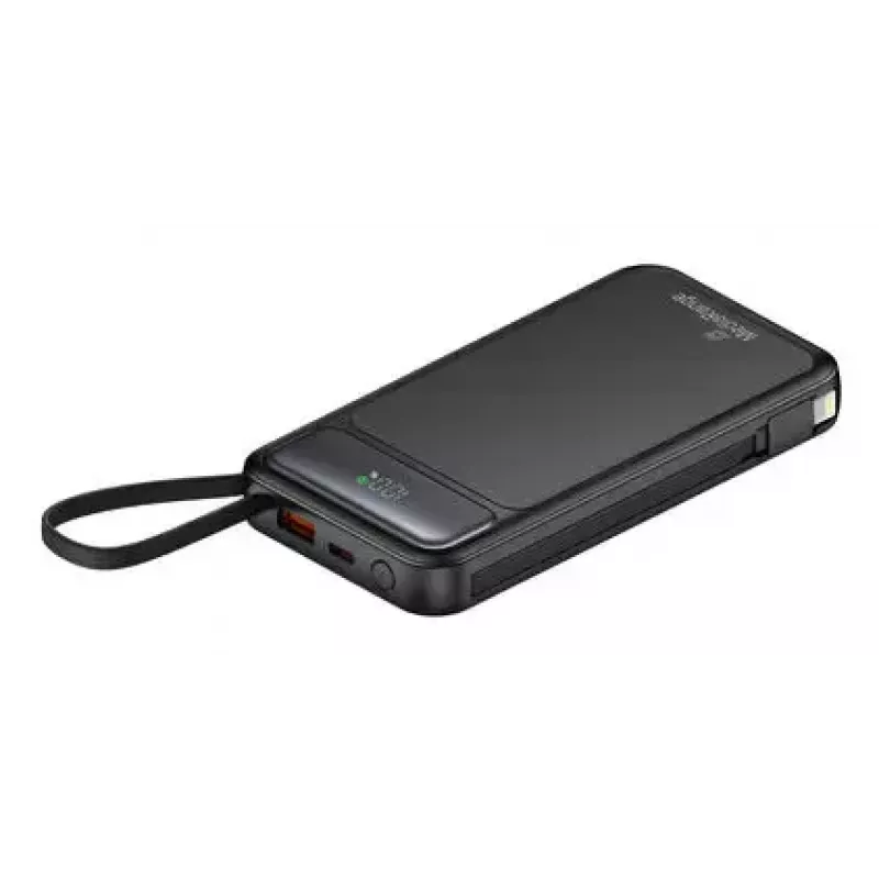Ārējais akumulators MediaRange MRMA753 10 000 mAh LiPo ar iebūvētiem kabeļiem, LC-displejs, USB-C PD un Quick Charge, melns