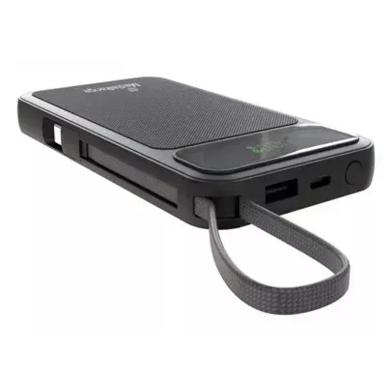 Ārējais akumulators MediaRange MRMA753 10 000 mAh LiPo ar iebūvētiem kabeļiem, LC-displejs, USB-C PD un Quick Charge, melns