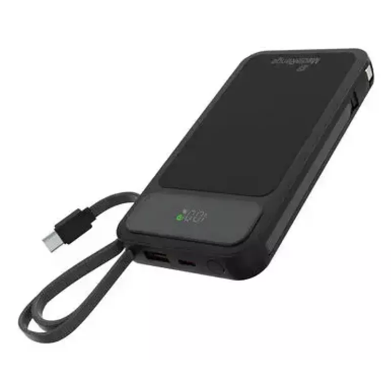 Ārējais akumulators MediaRange MRMA753 10 000 mAh LiPo ar iebūvētiem kabeļiem, LC-displejs, USB-C PD un Quick Charge, melns