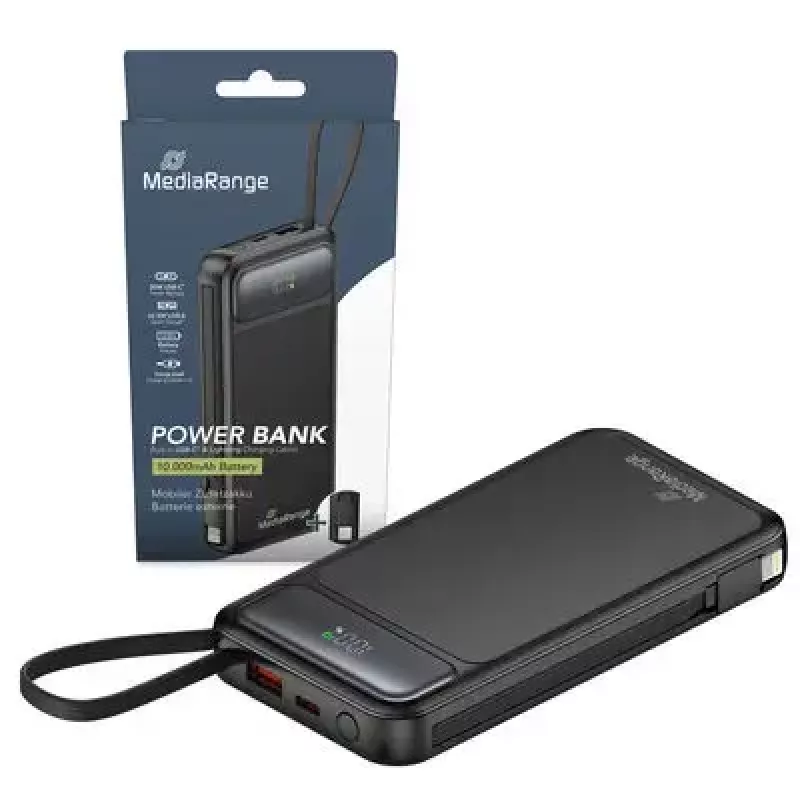 Ārējais akumulators MediaRange MRMA753 10 000 mAh LiPo ar iebūvētiem kabeļiem, LC-displejs, USB-C PD un Quick Charge, melns