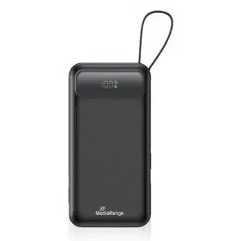 Ārējais akumulators MediaRange MRMA753 10 000 mAh LiPo ar iebūvētiem kabeļiem, LC-displejs, USB-C PD un Quick Charge, melns