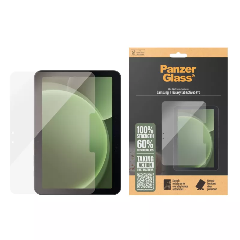 Ekrāna aizsargs PanzerGlass Samsung Galaxy Tab Active5 Pro — Ultra-Wide Fit, rūdīts stikls/PET, caurspīdīgs