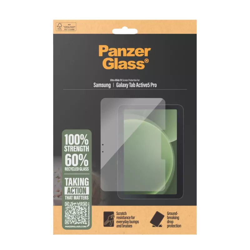 Ekrāna aizsargs PanzerGlass Samsung Galaxy Tab Active5 Pro — Ultra-Wide Fit, rūdīts stikls/PET, caurspīdīgs