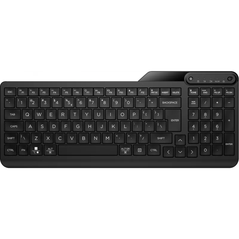 Bezvadu pilna izmēra tastatūra HP 475 — divu režīmu RF bezvadu un Bluetooth, membrānas, melna