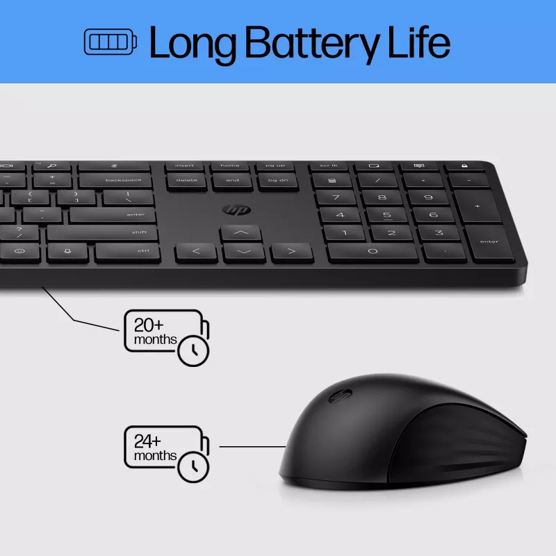 HP 650 bezvadu tastatūras un peles komplekts, pilna izmēra, membrānas, balts