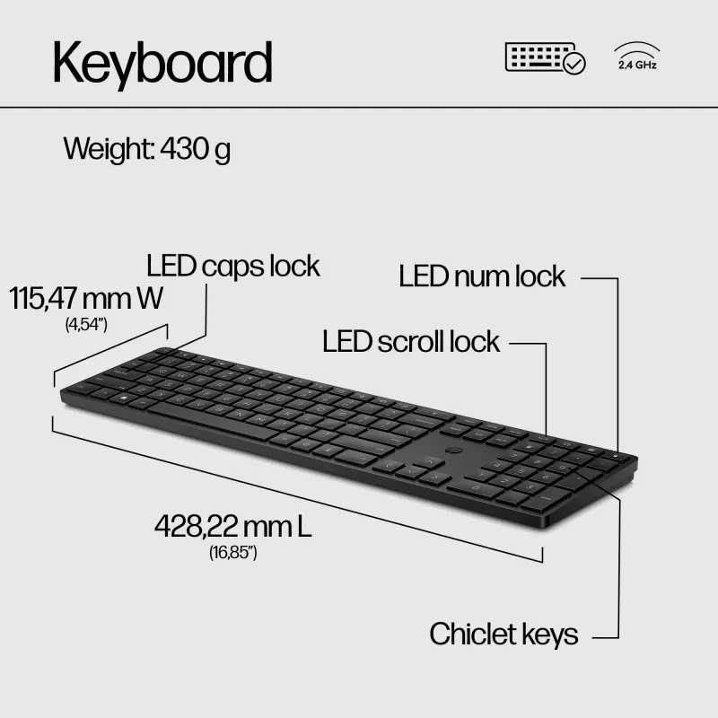 HP 650 bezvadu tastatūras un peles komplekts, pilna izmēra, membrānas, balts