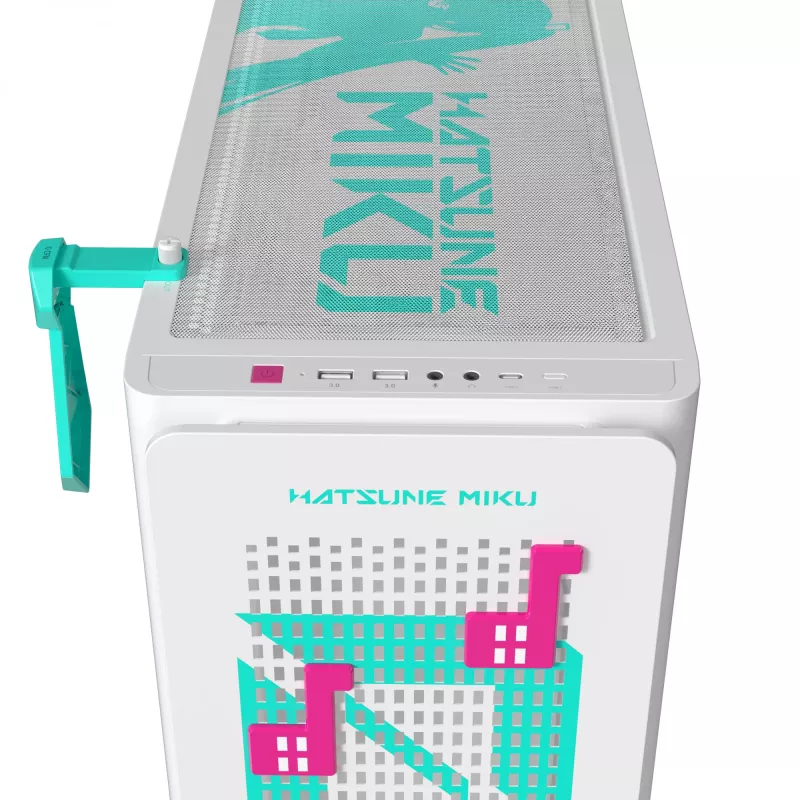 PC korpuss ASUS A23 Hatsune Miku Edition — micro ATX / Mini-ITX, atbalsta 120/140 mm ventilatorus, 2,5 collu un 3,5 collu diskus, tirkīzzils/balts