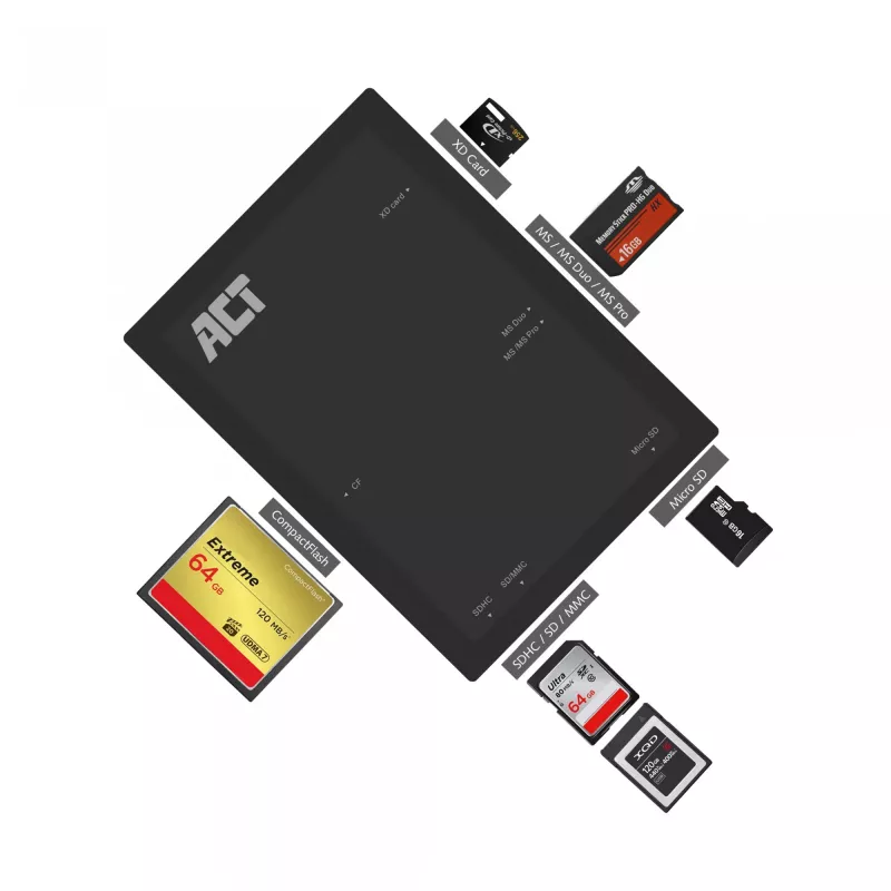 ACT USB 3.0 karšu lasītājs AC6370 CF MMC MS Duo MicroSD SDHC Melns