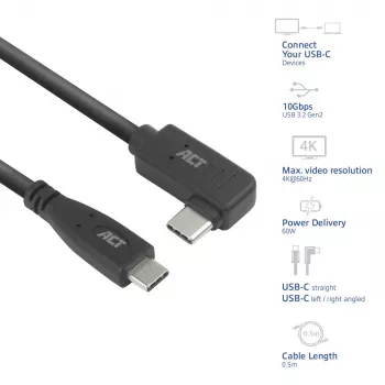 ACT USB 3.0 10Gbps 60W USB Type-C (taisns) uz USB Type-C (kreisā/labā leņķī) kabelis, 3 metri