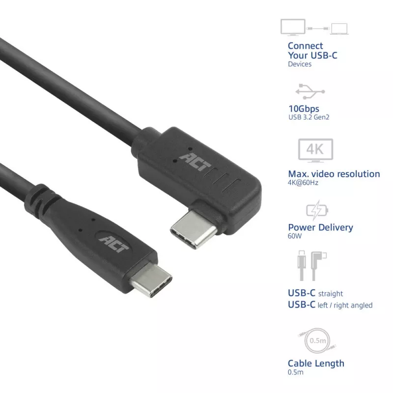 ACT USB 3.0 10Gbps 60W USB Type-C (taisns) uz USB Type-C (kreisā/labā leņķī) kabelis, 3 metri