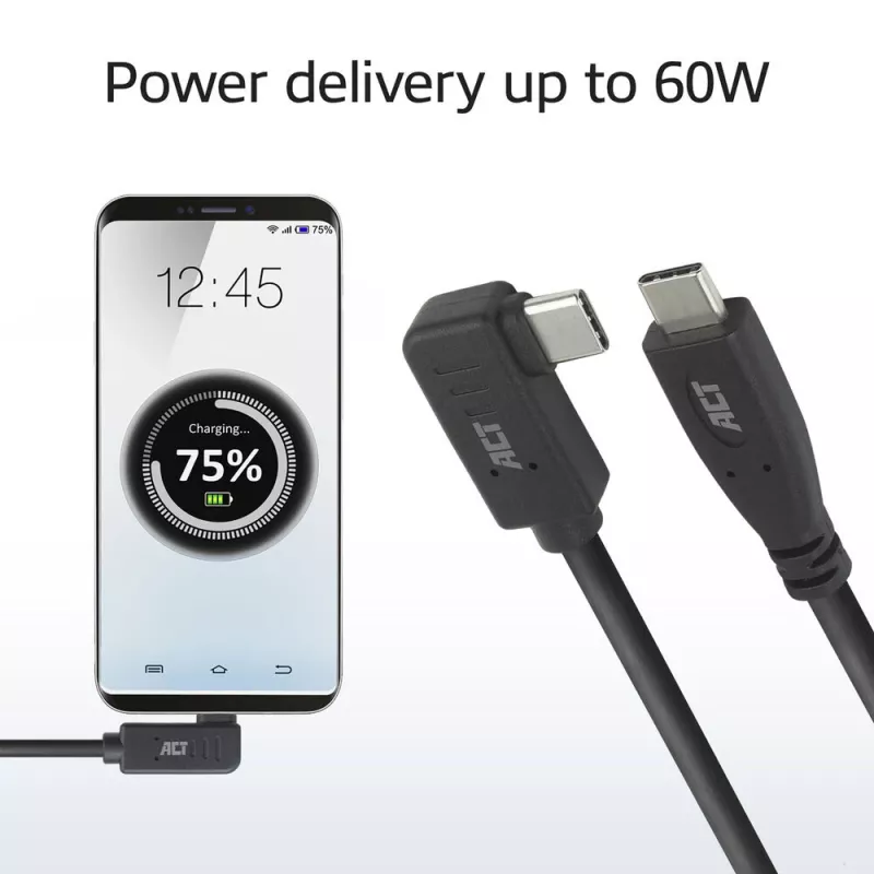 ACT USB 3.0 10Gbps 60W USB Type-C (taisns) uz USB Type-C (kreisā/labā leņķī) kabelis, 3 metri