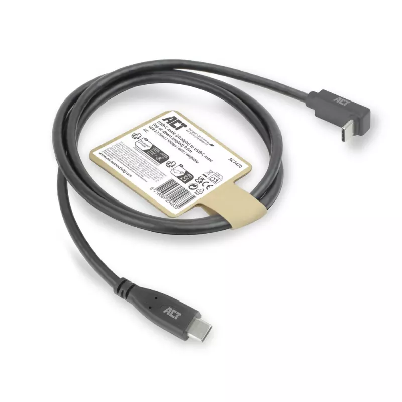 ACT USB 3.0 10Gbps 60W USB Type-C (taisns) uz USB Type-C (uz augšu/uz leju leņķveida) kabelis, 1 metrs