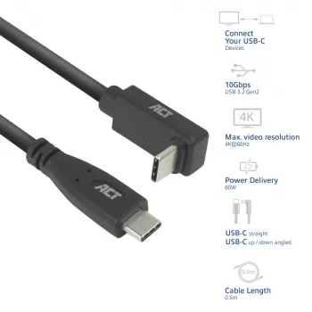 ACT USB 3.0 10Gbps 60W USB Type-C (taisns) uz USB Type-C (augšup/lejup leņķveida) Kabelis, 2 metri