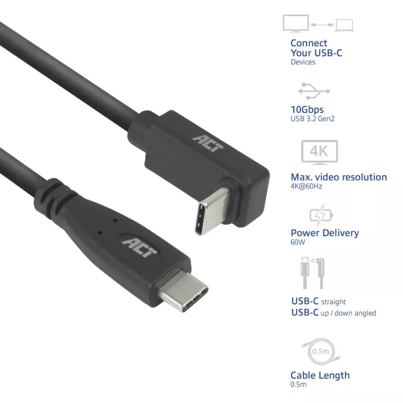 ACT USB 3.0 10Gbps 60W USB Type-C (taisns) uz USB Type-C (augšup/lejup leņķveida) Kabelis, 2 metri