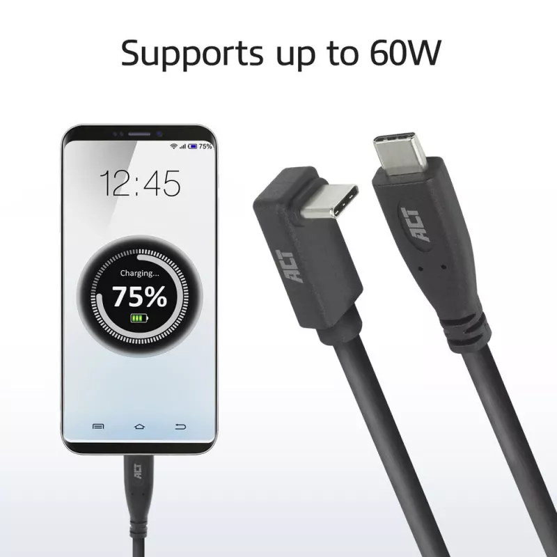 ACT USB 3.0 10Gbps 60W USB Type-C (taisns) uz USB Type-C (augšup/lejup leņķveida) Kabelis, 2 metri