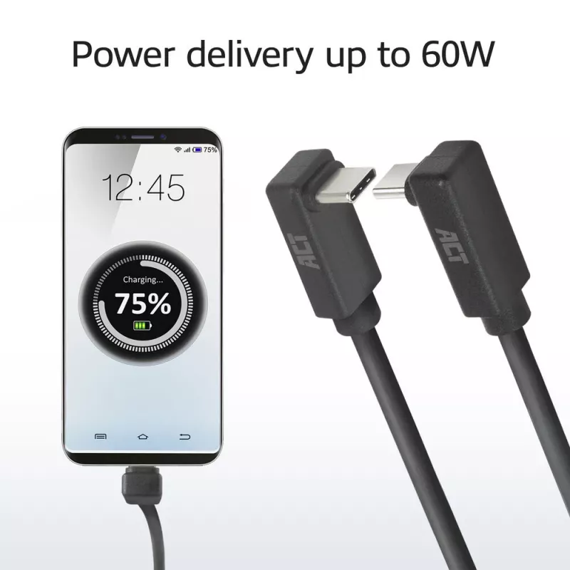 ACT USB 3.0 10Gbps 60W USB Type-C (augšup/vērsta leņķī) uz USB Type-C (augšup/vērsta leņķī) kabelis, 0,5 metri