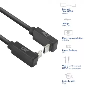 ACT USB 3.0 10Gbps 60W USB Type-C (augšup/lejup vērsts) uz USB Type-C (augšup/lejup vērsts) kabelis, 1 metrs