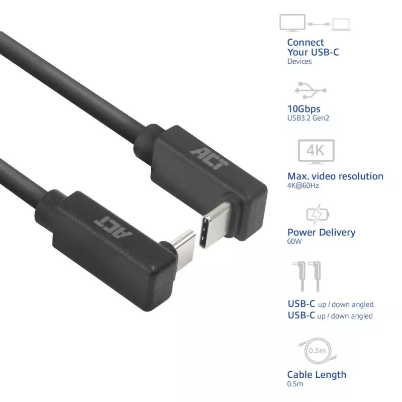 ACT USB 3.0 10Gbps 60W USB Type-C (augšup/lejup vērsts) uz USB Type-C (augšup/lejup vērsts) kabelis, 1 metrs