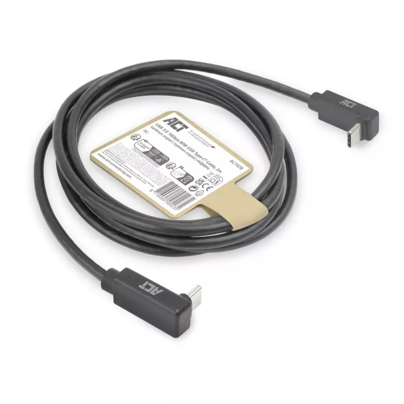 ACT USB 3.0 10Gbps 60W USB Type-C (augšup/lejup vērsts leņķis) uz USB Type-C (augšup/lejup vērsts leņķis) kabelis, 2 metri