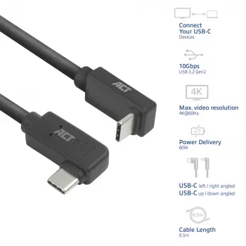 ACT USB 3.0 10Gbps 60W USB Type-C (kreisā/labā leņķī) uz USB Type-C (augšup/lejup vērsts leņķis) kabelis, 2 metri
