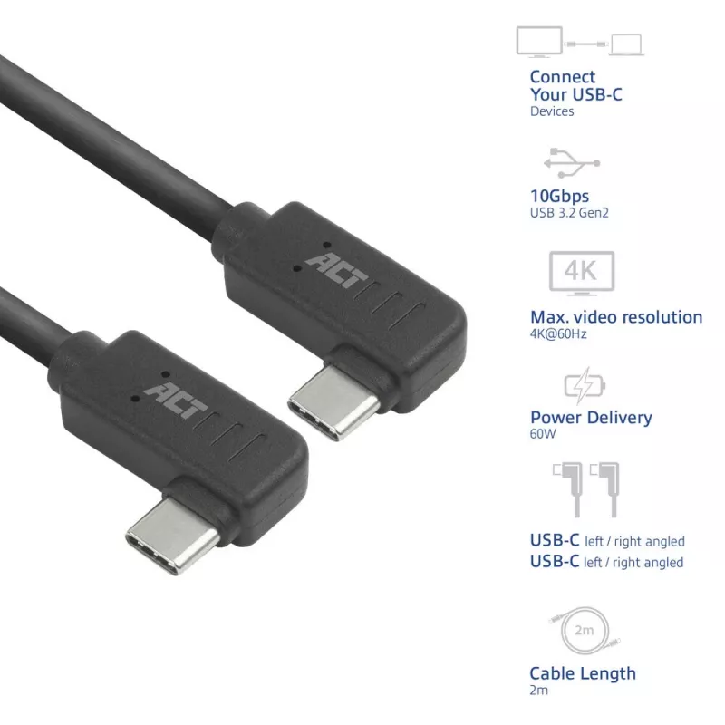 ACT USB 3.0 10Gbps 60W USB Type-C (kreisā/labā leņķa) uz USB Type-C (kreisā/labā leņķa) kabelis, 0,5 m