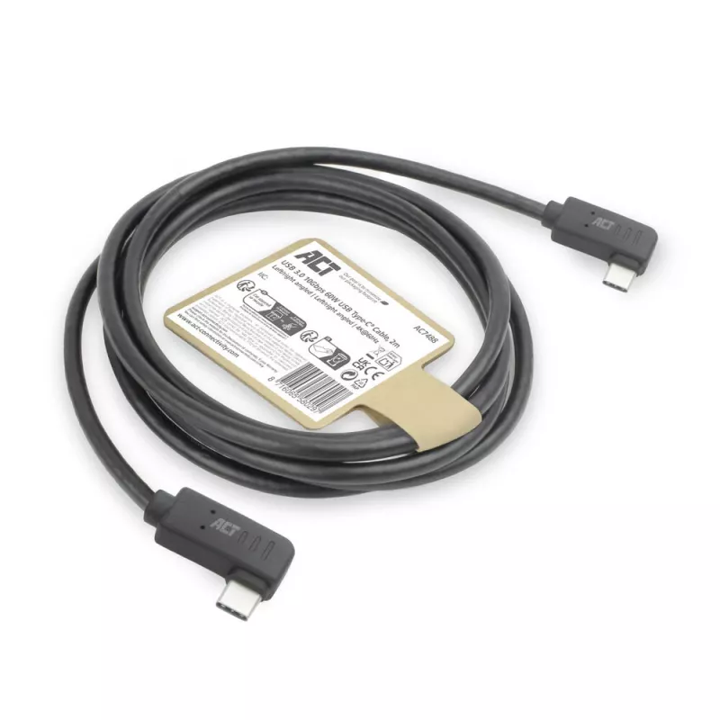 ACT USB 3.0 10Gbps 60W USB Type-C (kreisā/labā leņķa) uz USB Type-C (kreisā/labā leņķa) kabelis, 0,5 m