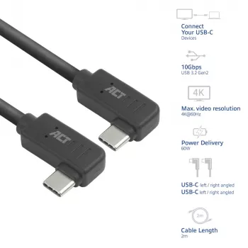 ACT USB 3.0 10Gbps 60 W USB Type-C® (kreisais/labais leņķis) uz USB Type-C® (kreisais/labais leņķis) kabelis, 2 metri