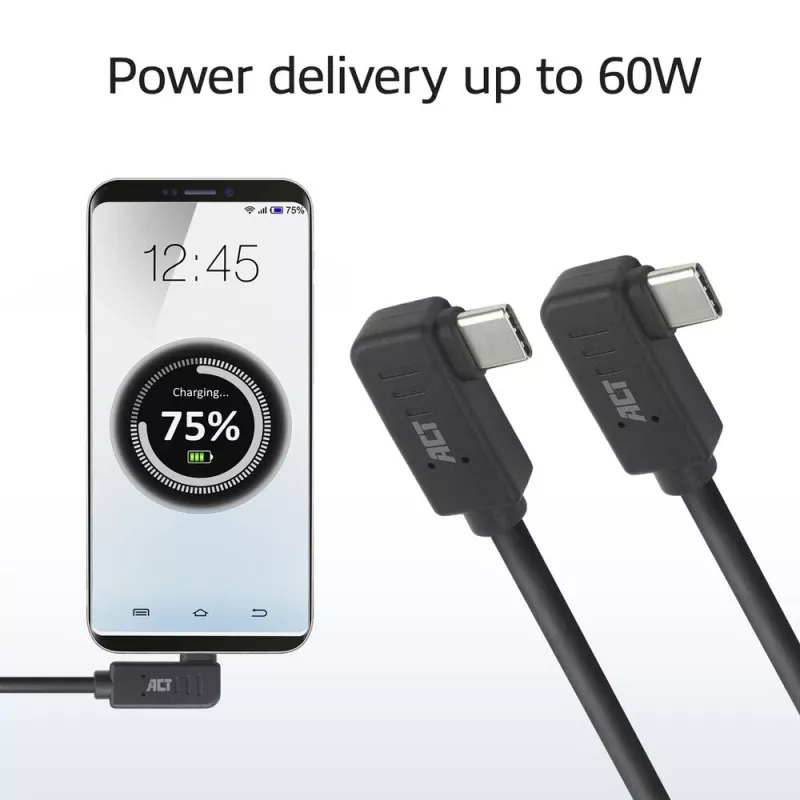 ACT USB 3.0 10Gbps 60 W USB Type-C® (kreisais/labais leņķis) uz USB Type-C® (kreisais/labais leņķis) kabelis, 2 metri