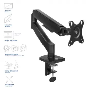Monitora statīvs ACT 35 collu ekrāniem, gāzes atspere, viena monitora, skavas/caurumu stiprinājums, līdz 9 kg, VESA 75x75–100x100, slīpums ±45°, melns