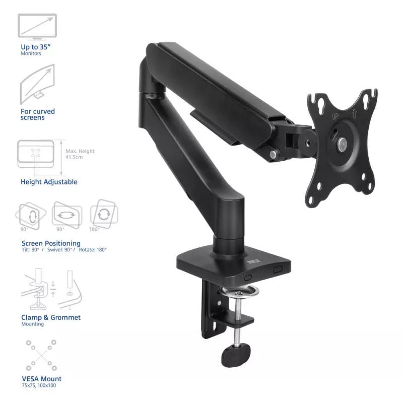 Monitora statīvs ACT 35 collu ekrāniem, gāzes atspere, viena monitora, skavas/caurumu stiprinājums, līdz 9 kg, VESA 75x75–100x100, slīpums ±45°, melns