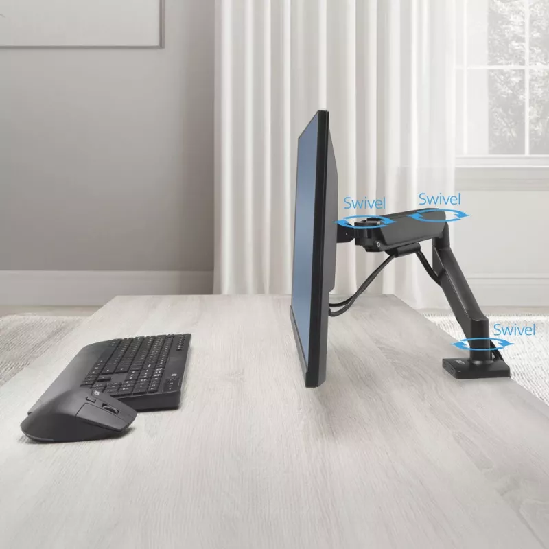 Monitora statīvs ACT 35 collu ekrāniem, gāzes atspere, viena monitora, skavas/caurumu stiprinājums, līdz 9 kg, VESA 75x75–100x100, slīpums ±45°, melns