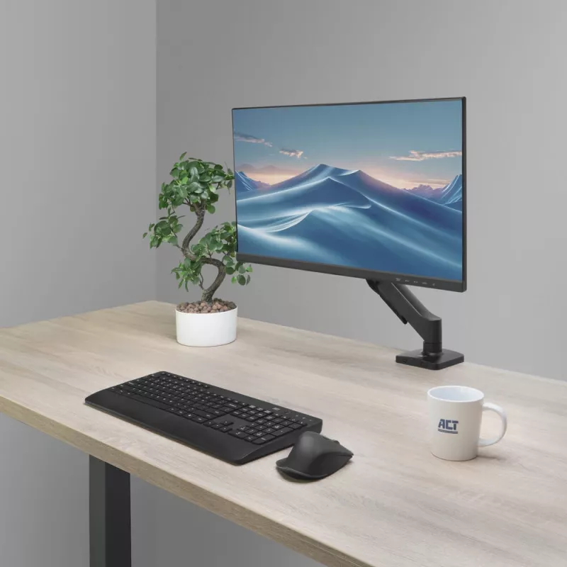 Monitora statīvs ACT 35 collu ekrāniem, gāzes atspere, viena monitora, skavas/caurumu stiprinājums, līdz 9 kg, VESA 75x75–100x100, slīpums ±45°, melns