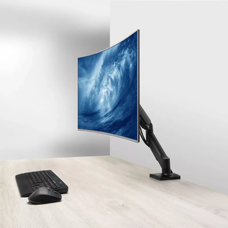 Monitora statīvs ACT 35 collu ekrāniem, gāzes atspere, viena monitora, skavas/caurumu stiprinājums, līdz 9 kg, VESA 75x75–100x100, slīpums ±45°, melns