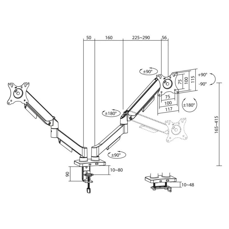 ACT monitora svira 35 collas, gāzes atspere, 2 monitori, Essentials, skava/caurums, 18 kg, 43,2 cm (17 collas), 88,9 cm (35 collas), 100 x 100 mm, melna