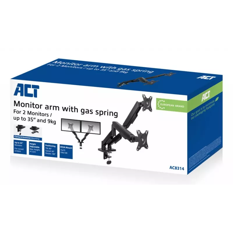 ACT monitora svira 35 collas, gāzes atspere, 2 monitori, Essentials, skava/caurums, 18 kg, 43,2 cm (17 collas), 88,9 cm (35 collas), 100 x 100 mm, melna