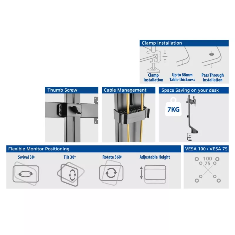ACT Dual monitoru rokas biroja ātra augstuma regulēšana Skava/caurumstiprinājums 14 kg