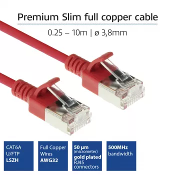 ACT sarkans 1 m LSZH U/FTP CAT6A datu centra plānā ielāpu vads bez aizķerēm ar RJ45 savienotājiem