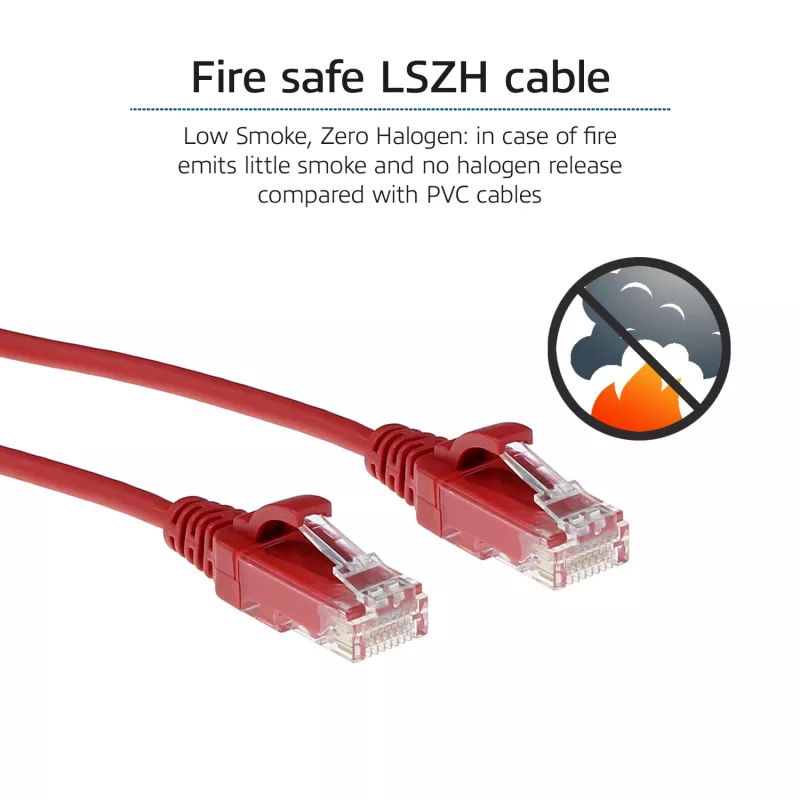 ACT sarkans 2 m LSZH U/UTP CAT6 datu centra plānāks komutācijas kabelis, bez aizķeršanās, ar RJ45 savienotājiem