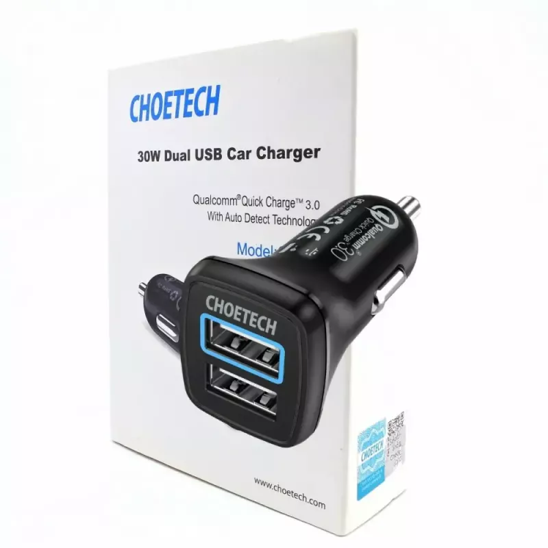 Strāvas lādētājs CHOETECH C0051 dubultais USB-A 36W QC3.0, melns
