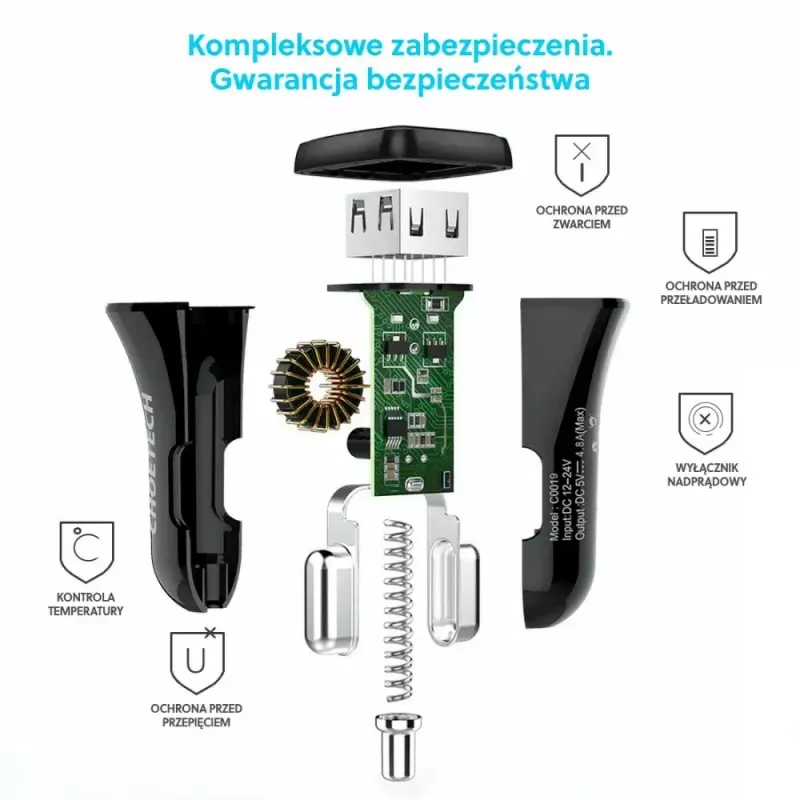 Strāvas lādētājs CHOETECH C0051 dubultais USB-A 36W QC3.0, melns