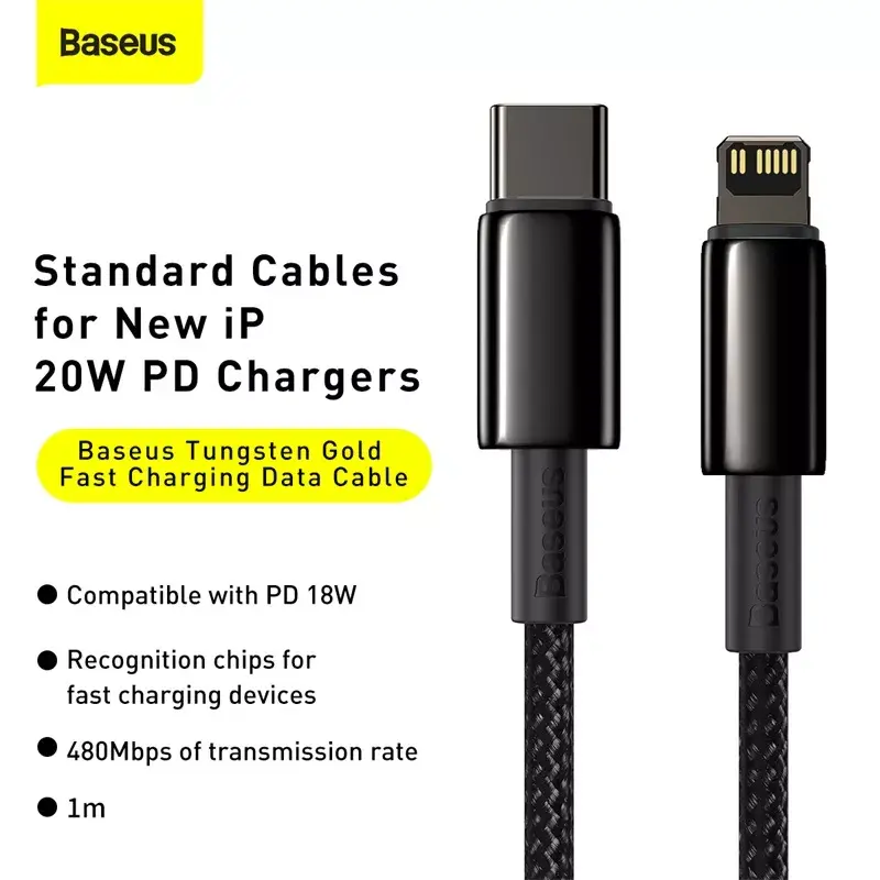 Kabelis Baseus Tungsten Gold 1 m Melns Lightning uz USB C