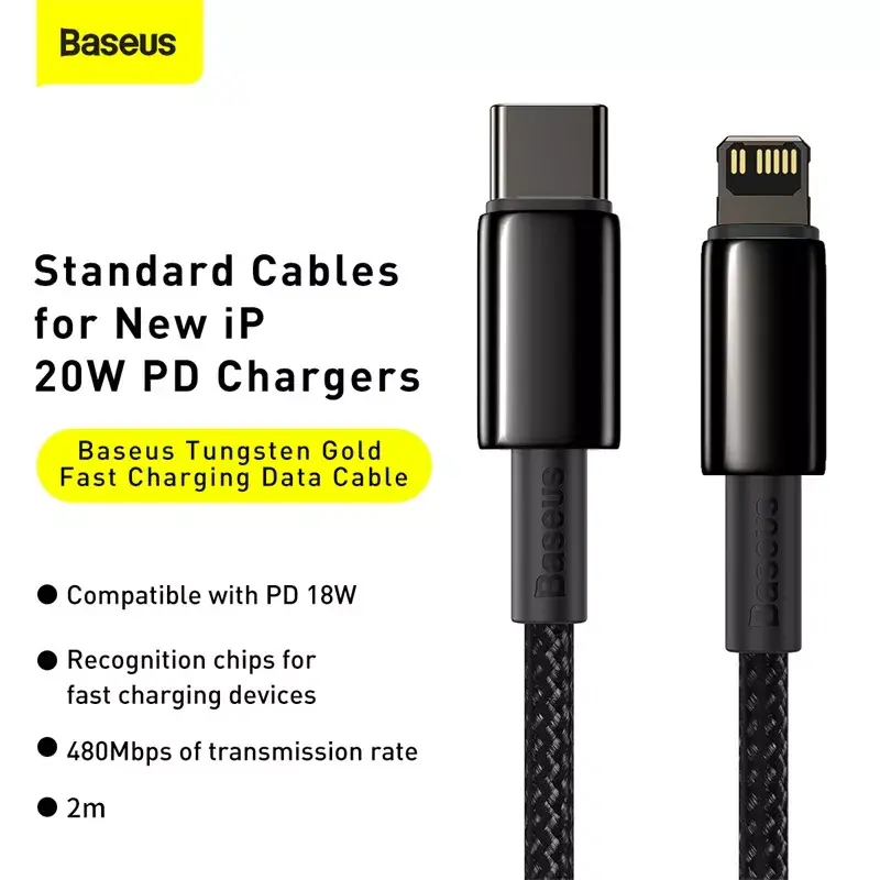 Baseus Tungsten Gold 2 m melns Lightning USB C kabelis